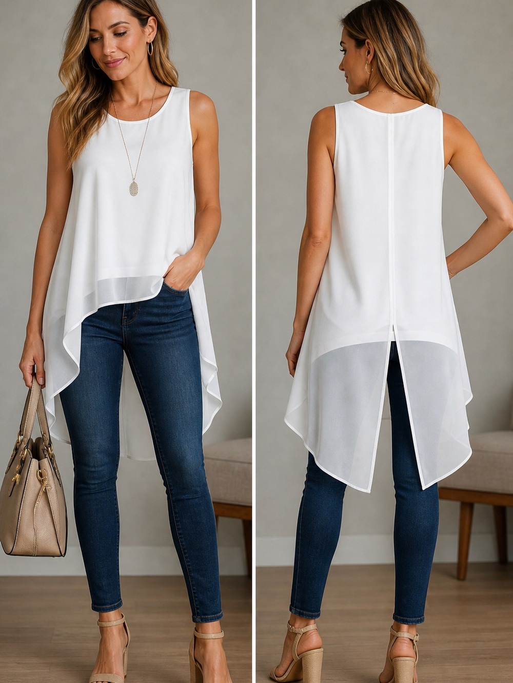 Calvin Klein White Sheer Layered High Low Tank Top Split Back Blouse Size S
